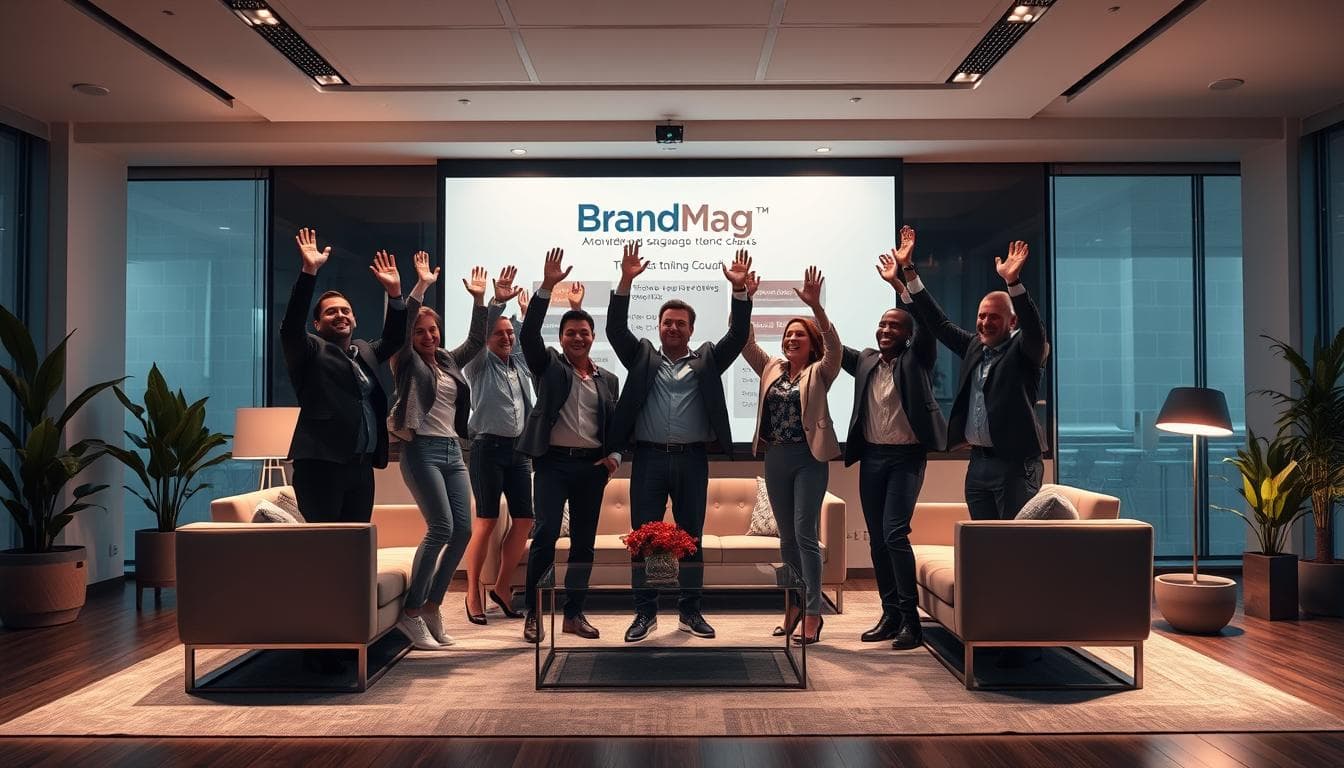 Group of professionals celebrating success at BrandMag event.