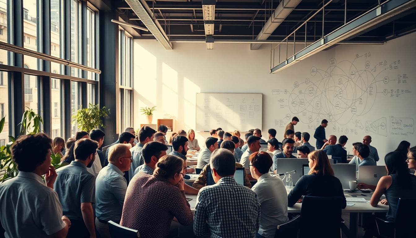 Large classroom with students attending lecture.