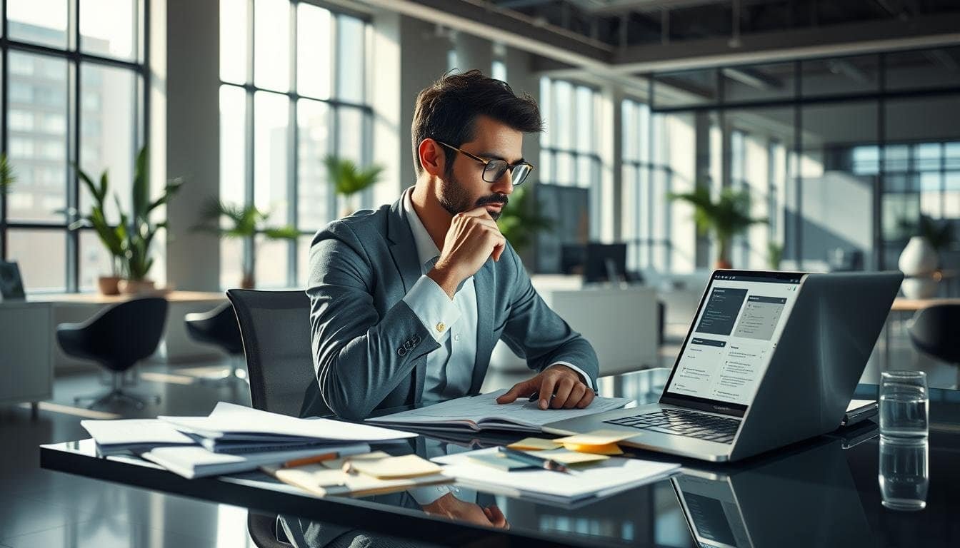 Business professional analyzing data on laptop.