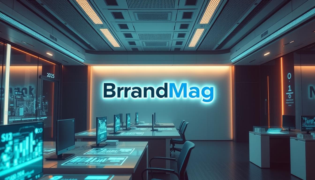 Modern tech office and digital displays.