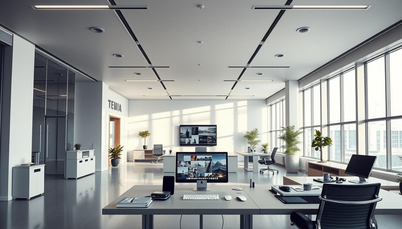 Bright office with desks, computers, and plants.