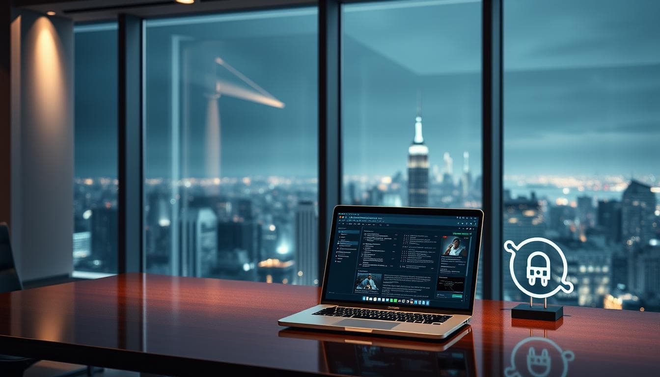 Modern office with laptop and city skyline.
