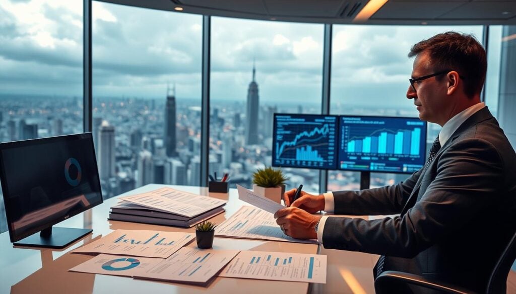 Business analyst analyzing financial data at desk.