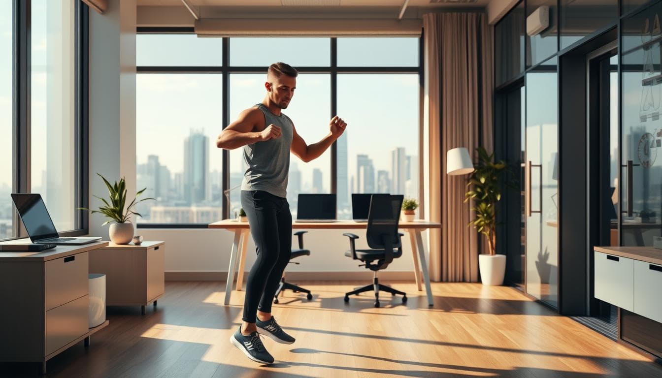 Young man exercising in office space.