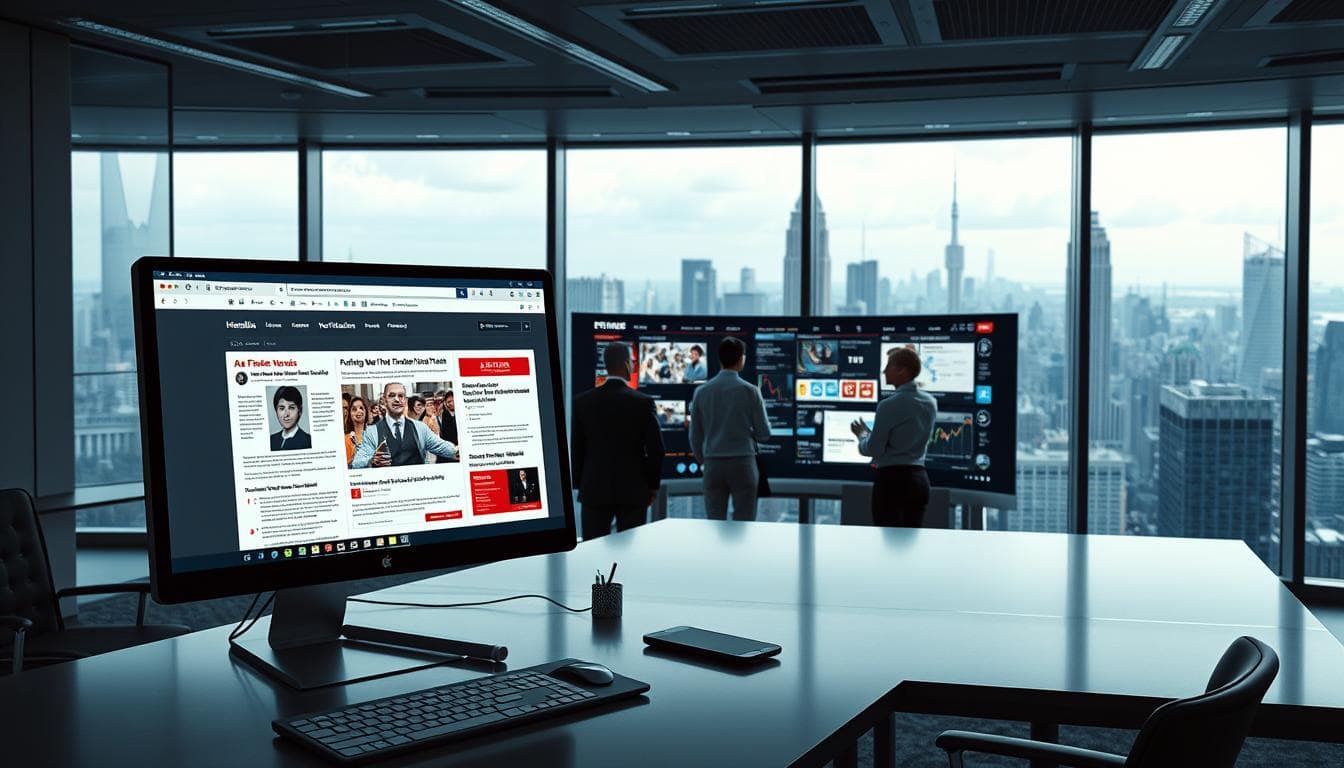 Business professionals discussing data in high-rise office.