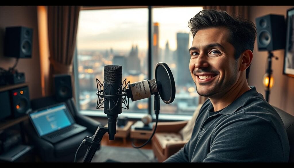 home voiceover studio with microphone and chair