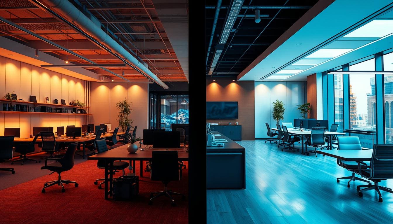 Modern office with contrasting lighting and decor.