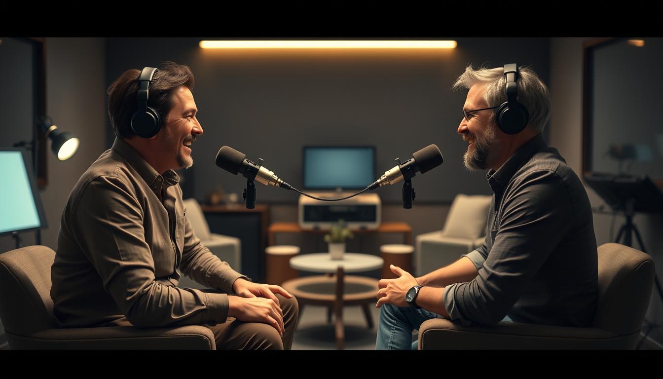 Two men recording podcast interview.