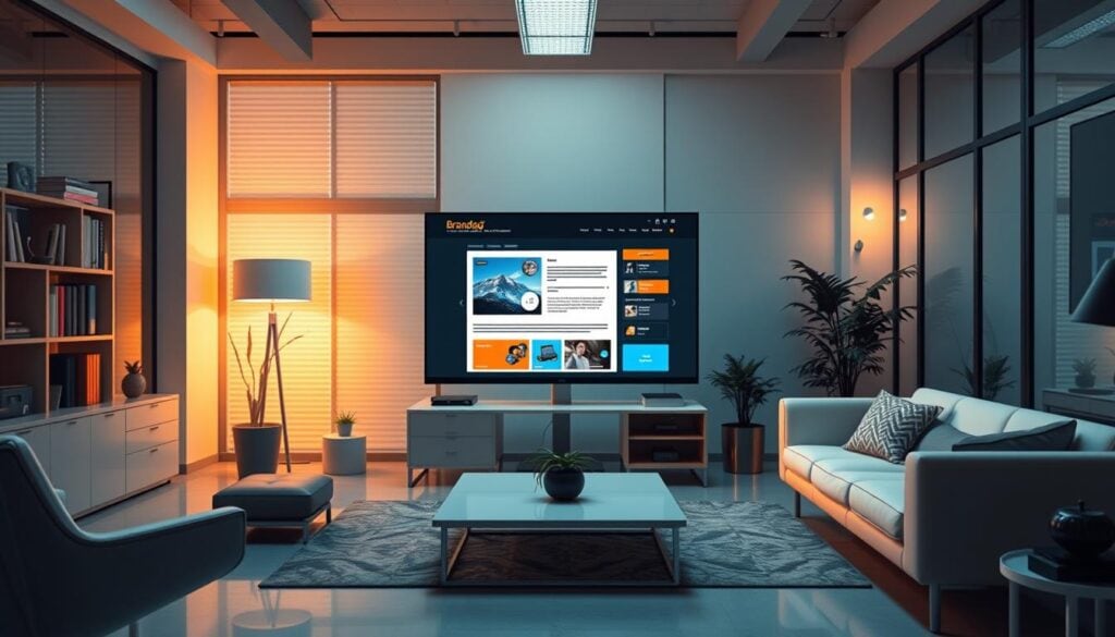 Modern living room with TV and bookshelves.