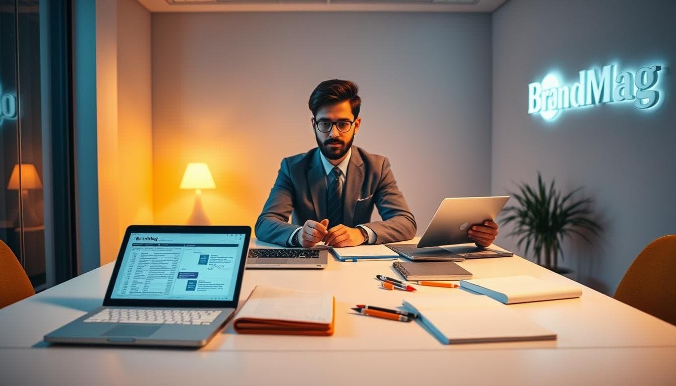 Business professional working at desk with laptop.