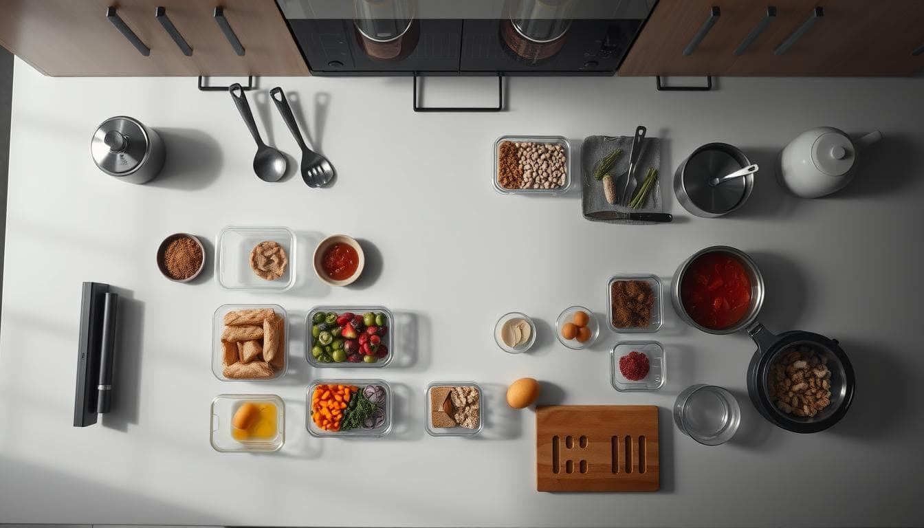 Assorted breakfast ingredients and utensils on a white kitchen counter.