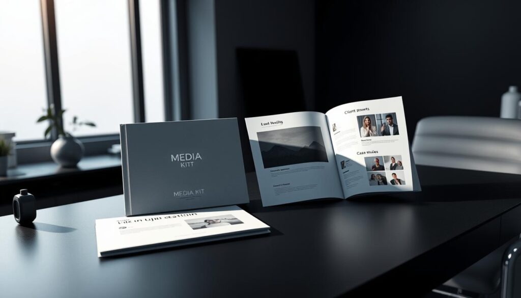 Media kit brochure with images and text on desk.