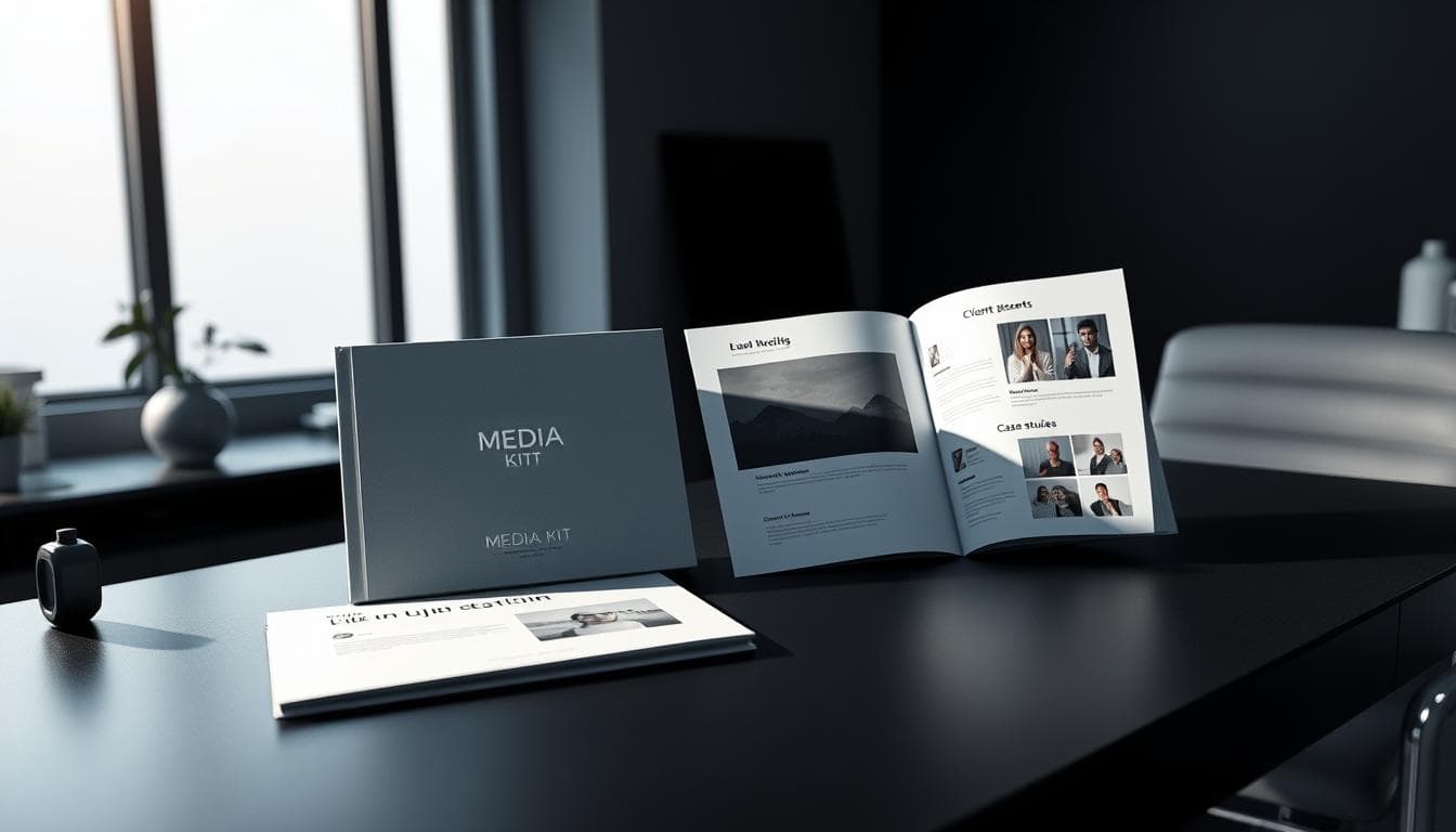 Media kit brochure with images and text on desk.