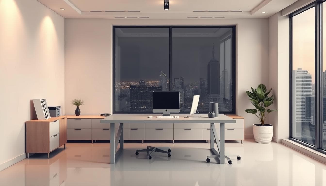 Modern office with large window and cityscape.