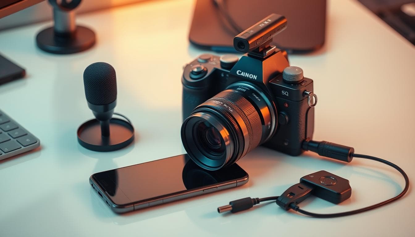 Canon camera with microphone and accessories.