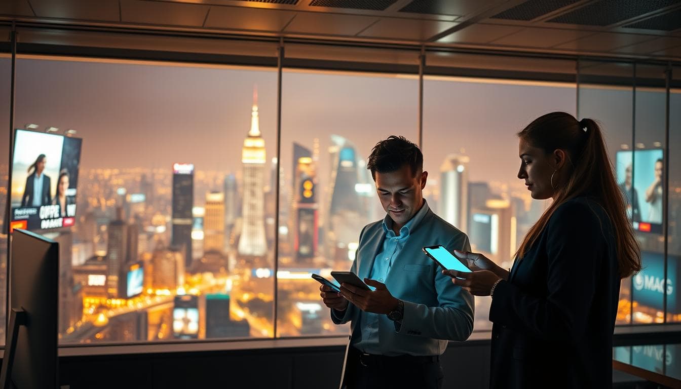Business professionals using smartphones in office.
