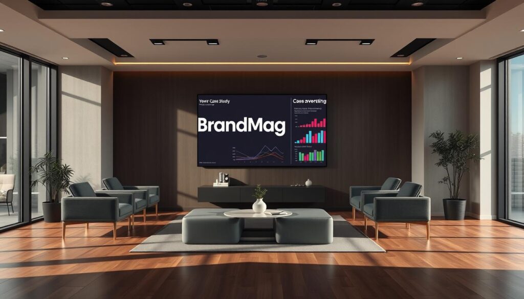 Modern conference room with presentation screen.