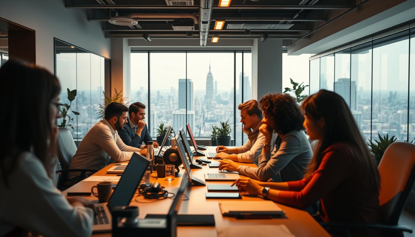 Business team collaborating in conference room.