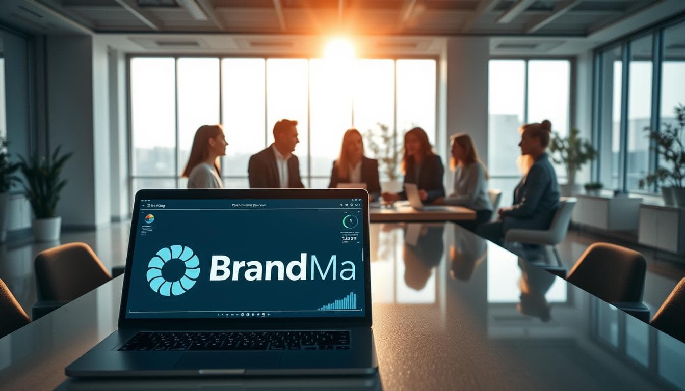 BrandMag logo displayed on laptop in meeting.