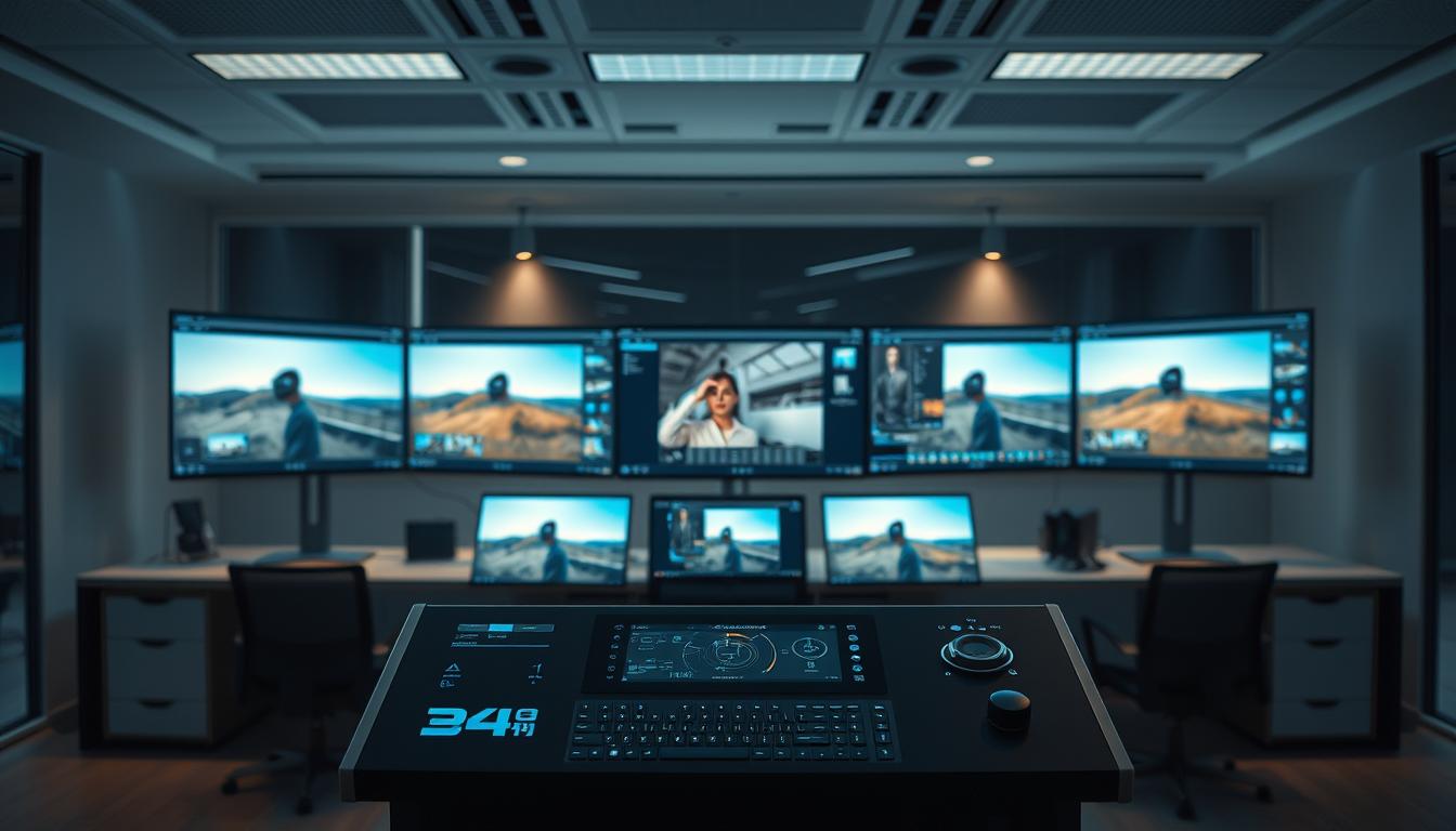 Video editing control room with multiple monitors and editing equipment.