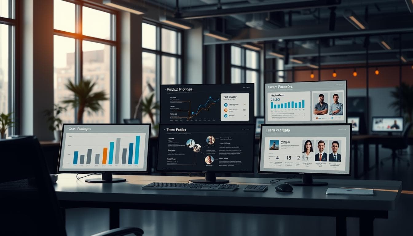 Analytics dashboard with charts and team profiles.