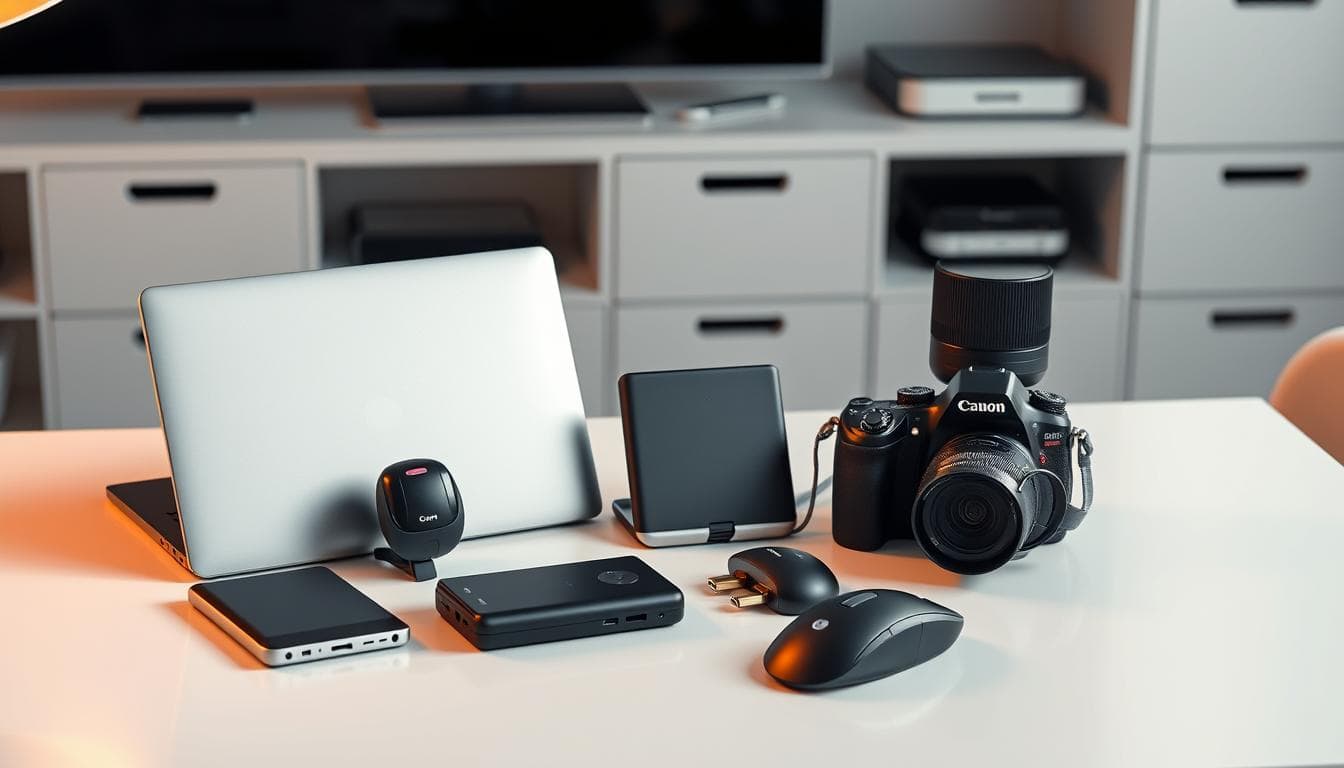 Laptop, camera, and tech accessories on desk.