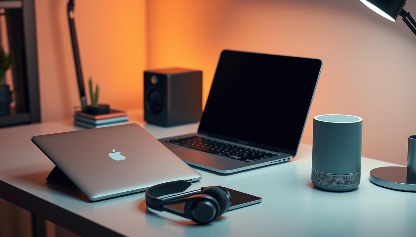 Modern workspace with Apple laptop and speakers.