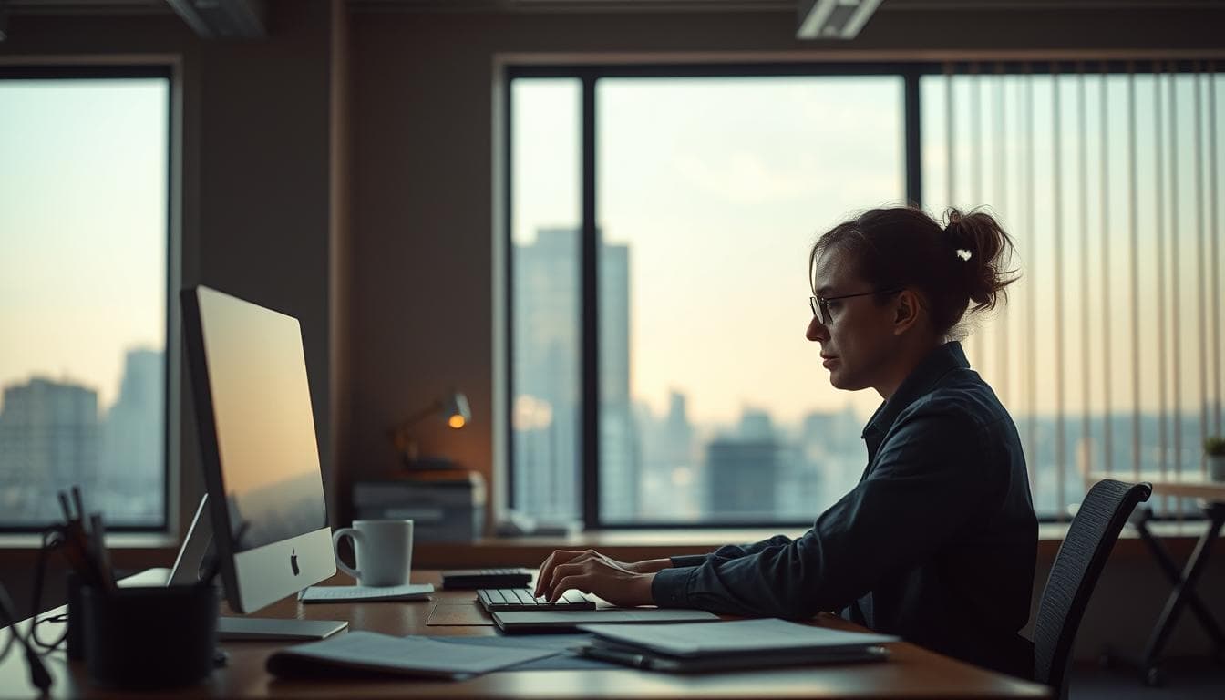 Woman working on computer at home office.
