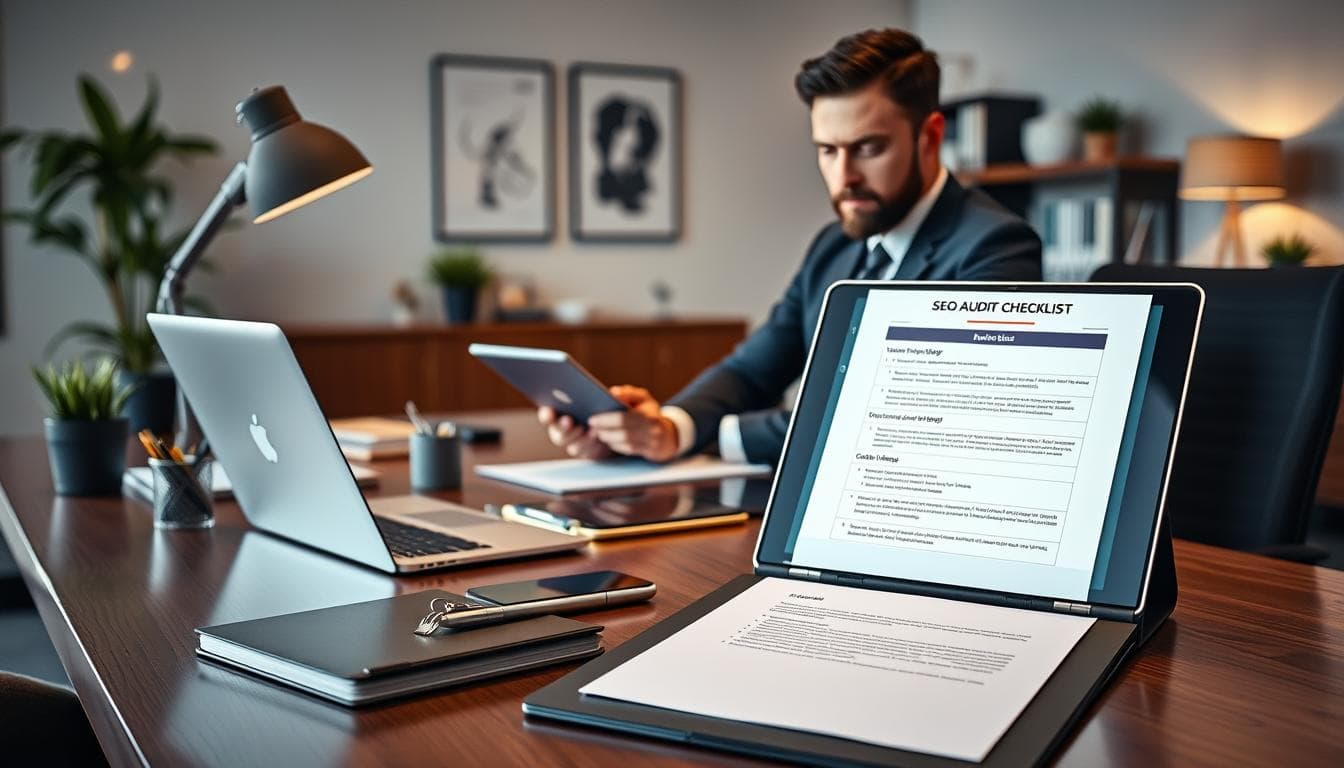 Man reviewing SEO audit checklist on tablet.