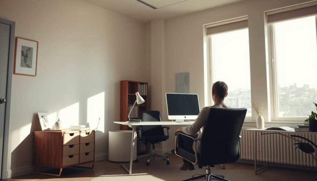serene minimalist office with person working