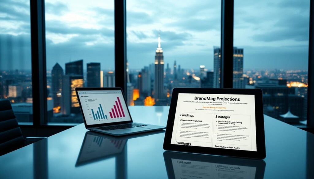 BrandMag business report on city skyline.