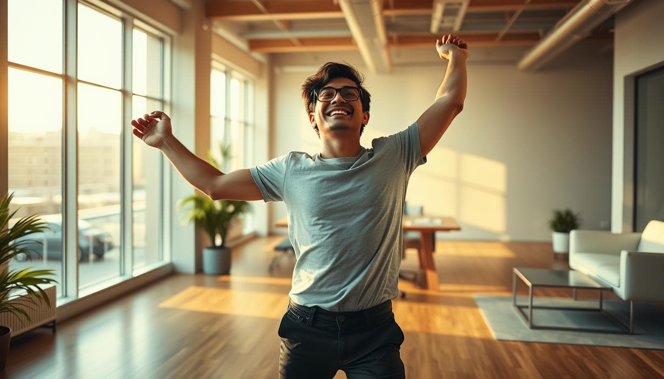 Happy man celebrating success in office.