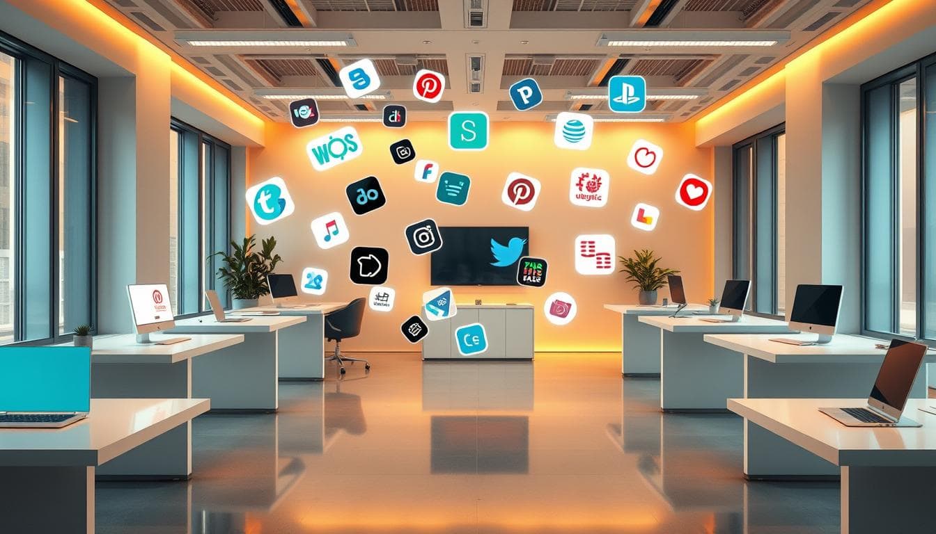 Modern office with social media icons floating above.