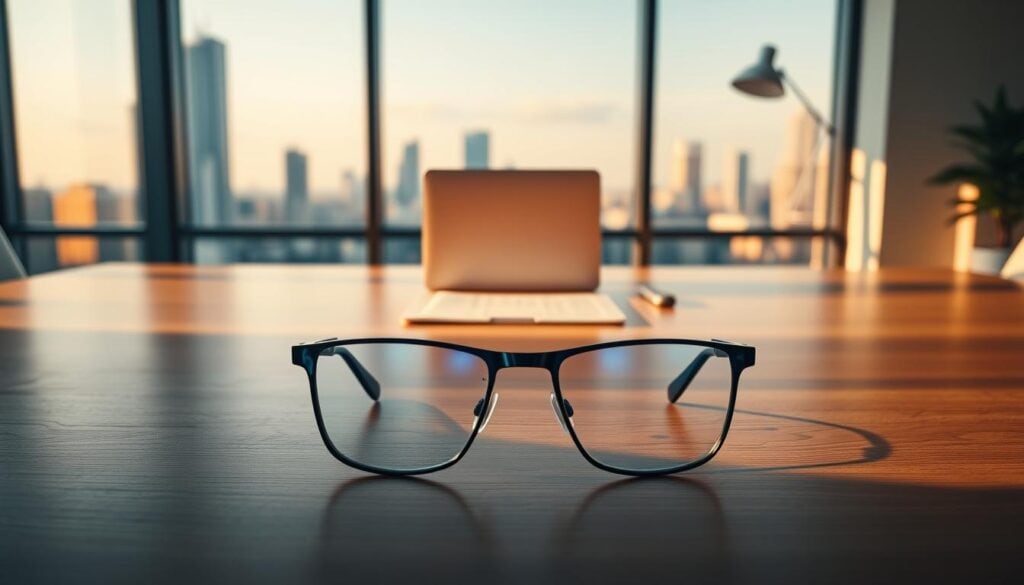 stylish blue light glasses on desk