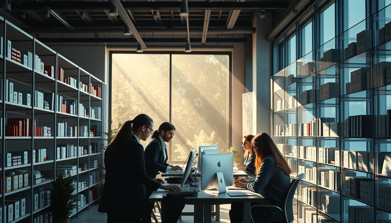 Students collaborating in a modern library study room.
