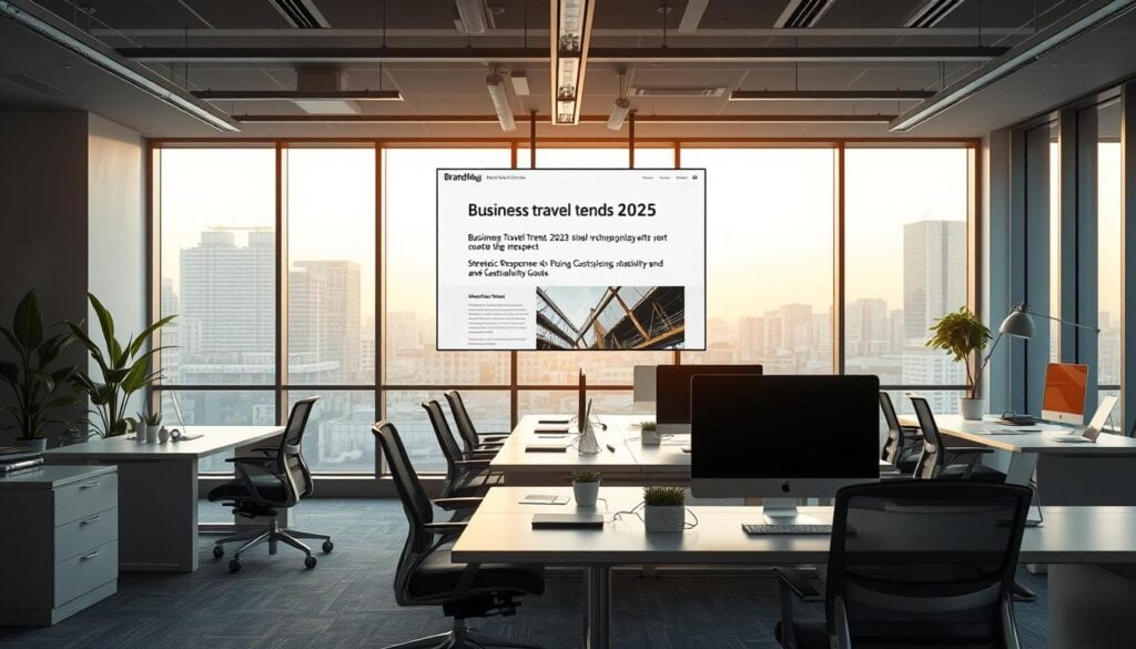 Modern conference room with presentation screen.