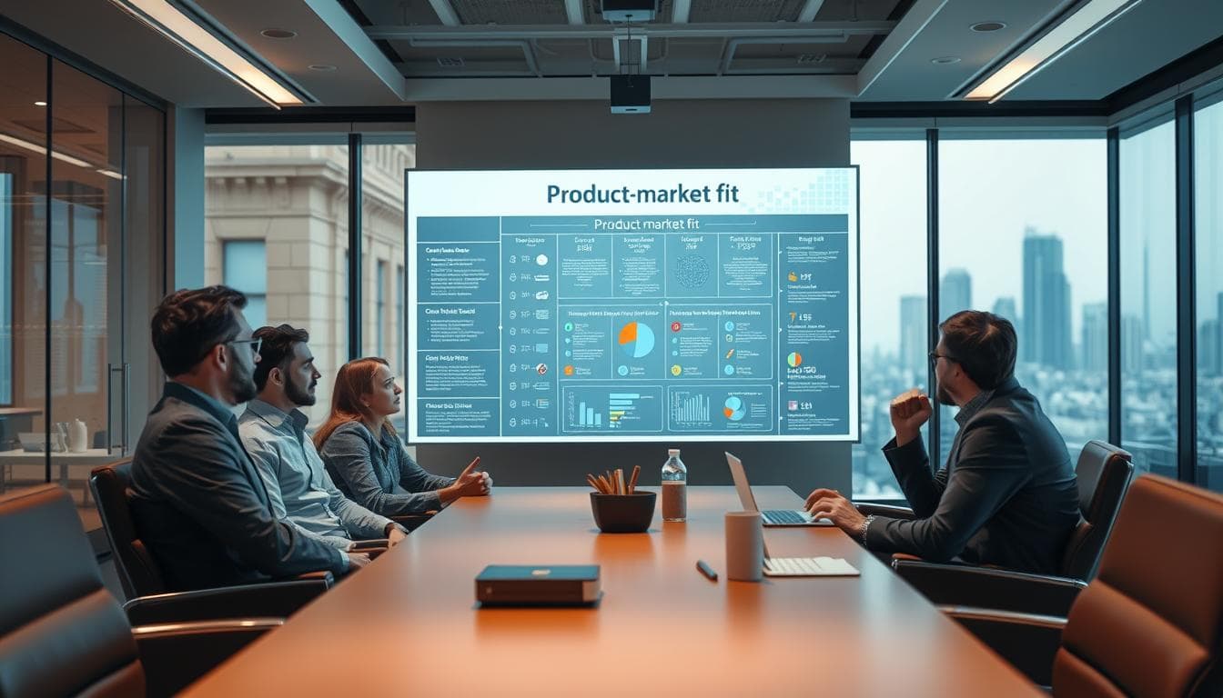 Business team analyzing product-market fit chart.