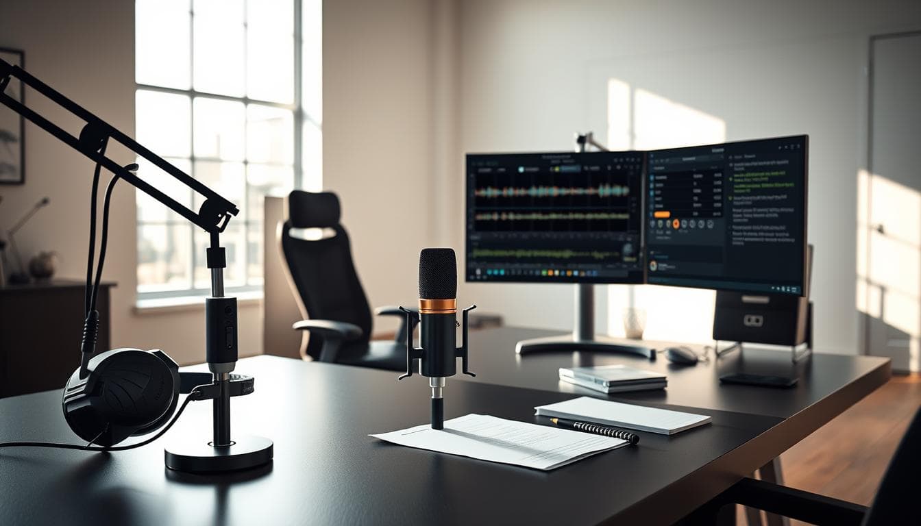 Microphone and headphones on desk.