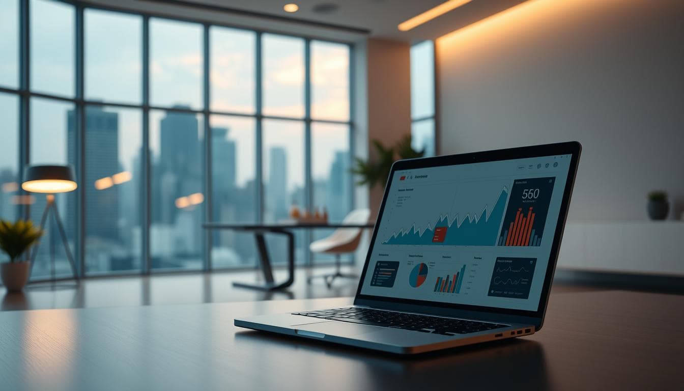 Laptop with data analytics and charts.