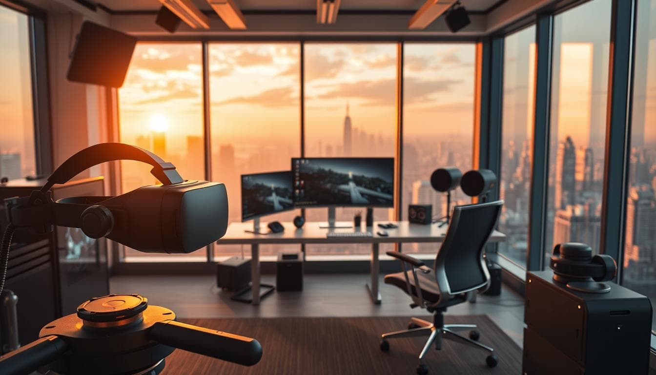 Modern office setup with VR headset, multiple monitors, and city view.