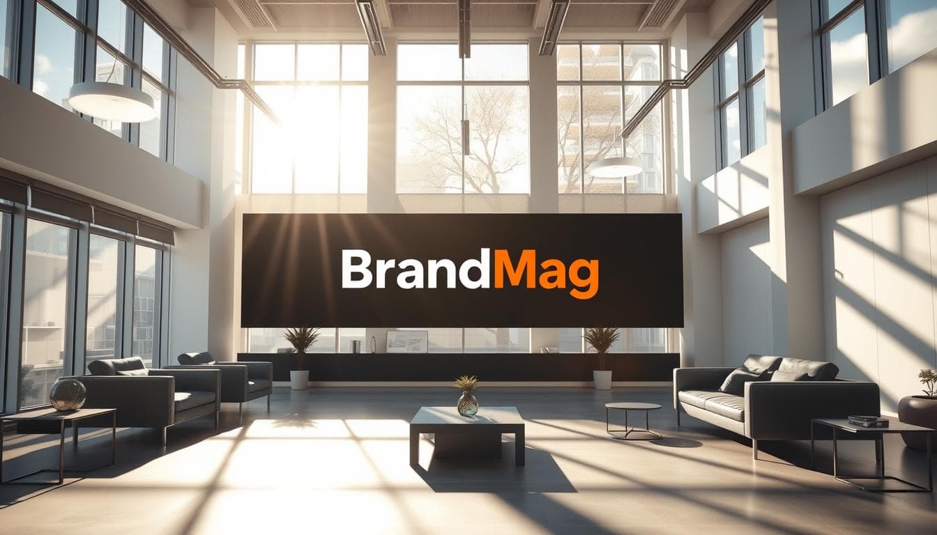 Bright modern office lobby with BrandMag sign.