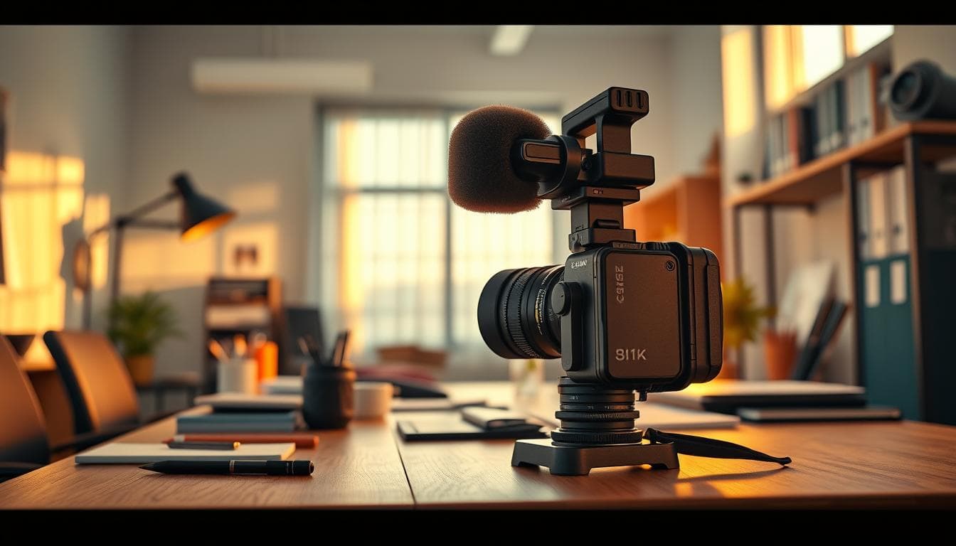 Video camera with microphone on a desk in a modern office.